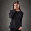 A long-sleeved black henley shirt featuring a buttoned neckline and relaxed fit, with a subtle branding element.