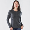 A long-sleeved grey henley shirt for women with buttons and a fitted style. It features a logo on the front.
