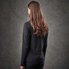 A long-sleeve black henley shirt featuring a fitted style and a smooth fabric finish, with a logo on the back.