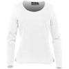 A white long-sleeve women's t-shirt with a round neckline and a branded tag inside.