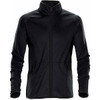 A black fleece jacket featuring a high neck, zip front, and two zippered pockets, with a logo on the side.