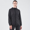 A women's black Mistral fleece jacket featuring a front zipper and hood, with a logo present.