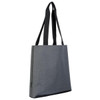 A grey tote bag with black straps and a branding logo on the side, featuring a simple, minimalist design.
