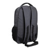 A grey laptop backpack featuring padded straps and mesh side pockets, with a logo on the front.