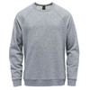 A grey fleece crew neck sweater with raglan sleeves and a logo on the front.