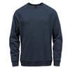 A navy blue men's fleece crew neck sweater with a ribbed neckline and cuffs. It features a logo on the front.