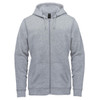 A grey fleece full zip hoody with a hood and front pockets. It features a logo on the chest.