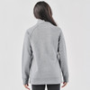 A grey cowl neck pullover is displayed, featuring a relaxed fit and long sleeves. It includes a logo.
