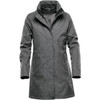 A grey women's jacket with a stylish cut, featuring a high collar and a zipper, includes a logo.