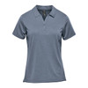 A short sleeve polo shirt in a blue-grey tone, featuring a collar and a logo on the chest.
