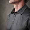 A men's polo shirt in grey with subtle stripes and a branded logo on the collar.