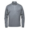 A men's grey pullover jumper with a quarter zip and a chest pocket. Features a logo on the garment.