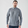 A grey men's 1/4 zip pullover jumper with a chest pocket and long sleeves. It features a logo.