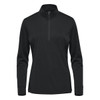 A black women's pullover with a 1/4 zip and long sleeves, featuring a subtle logo.