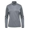 A women's 1/4 zip pullover in a grey shade, featuring long sleeves and a zippered collar. It has a logo.