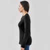 A black crew neck shirt displayed on a model from the side, showcasing a fitted silhouette.