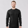 A black long-sleeve Henley shirt featuring a buttoned neckline and a fitted silhouette, modelled by a man.