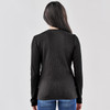 A black long-sleeve women's shirt with a ribbed texture, featuring a simple design and a logo on the back.