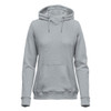A grey women's pullover hoodie featuring a front pocket and drawstring hood. It has a subtle texture and includes a logo.