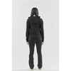 A black women's pullover hoody with a hood, featured on a model viewed from the back, paired with black pants.