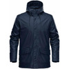 A navy insulated rain jacket with a hood, featuring front pockets and a sleek design, complete with branding.