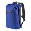 A blue backpack with a roll-top design, featuring a front zip pocket and adjustable straps. It has a logo on it.