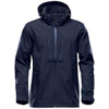 A navy blue Men's Patrol Softshell jacket featuring a hood, zippered pockets, and a logo on the sleeve.