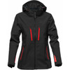 A black softshell jacket with red accents, featuring a hood and multiple zippered pockets. It has a logo on the chest.