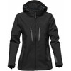 A black women's softshell jacket featuring a hood and zippered pockets, with a logo on the sleeve.