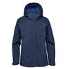 A navy blue women's jacket featuring a hood and an inner lining, with a logo on the exterior.
