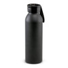 A drink bottle in matte black, featuring a top lid and an attached handle. It has a logo on the front.
