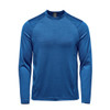 A long-sleeve crew neck shirt in blue, featuring a fitted design and a logo on the chest.