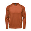 A long sleeve crew neck shirt in a rich rust colour, featuring raglan sleeves and a logo.