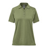 A women's polo shirt in olive green with short sleeves and a collar. It features a logo on the chest.
