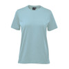 A light blue women's t-shirt with short sleeves and a tag, featuring a logo on the label.