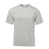 A grey, short-sleeved men's T-shirt with a subtle sheen and a logo on the upper area.