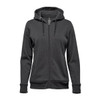 A women's full zip hoody in dark grey with a hood and front pockets, featuring a logo on the design.