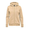 A women's full zip hoodie in a light beige colour, featuring a hood and ribbed cuffs. It has a logo.