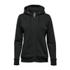 A black women's fleece full zip hoody featuring a hood and front pockets, with a logo on it.