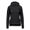 A women's black fleece pullover hoody with a hoodie, drawstring, and a logo. Features a stylish, comfortable design.