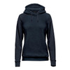 A women's pullover hoody in dark navy with a kangaroo pocket and a drawstring hood. It has a subtle branding logo.