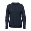 A navy blue women's henley shirt featuring a buttoned neckline and long sleeves. It has a small logo on the side.