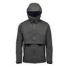 A men's technical rain jacket in dark grey, featuring a hood and a zip front, with a logo detail.