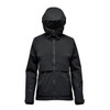 A women's black technical rain jacket with a hood, featuring zippered front and side pockets and a logo.