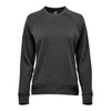 A dark grey women's crew neck fleece jumper with long sleeves and a ribbed hem. It features a logo.