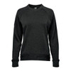 A women's crew neck jumper in dark grey fleece with ribbed cuffs and hem, featuring a small logo.