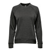 A women's crew neck jumper in dark grey fleece, featuring a simple design and a small logo.