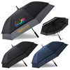 A collection of four umbrellas in black and navy, featuring different designs and one with a logo.