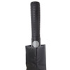 A black umbrella with a textured handle, stored in a protective sleeve. The handle features a circular button.