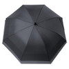 A black octagonal umbrella with a smooth fabric surface and a central shaft, featuring a logo.